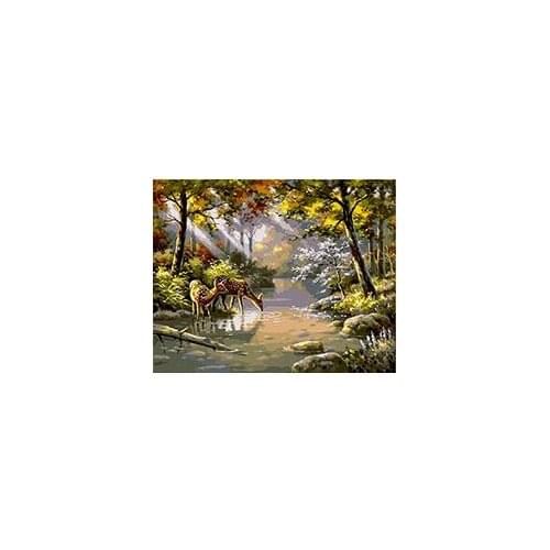 MaHuaf-X1367 Deer foreset river painting by numbers hand painted coloring by numbers on canvas for Living Room decor