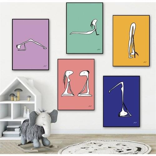 Cartoon Color Lines Yoga Body Canvas Painting Modern Minimalist Meditation Gym Wall Art Poster Pictures Home Decor Living Room
