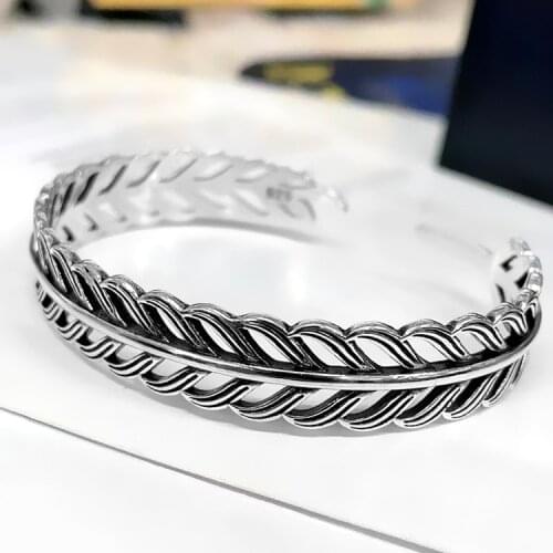 New Simple and Personalized Hollow Leaf Bracelet Retro Silver Color Feather Opening Bracelet Womens Dinner Dance Party Jewelry