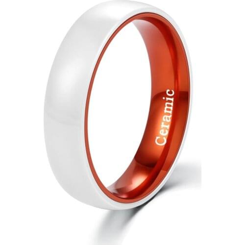 POYA 6 mm Wedding Band for Men Women White Ceramic Ring with Orange Aluminum Liner