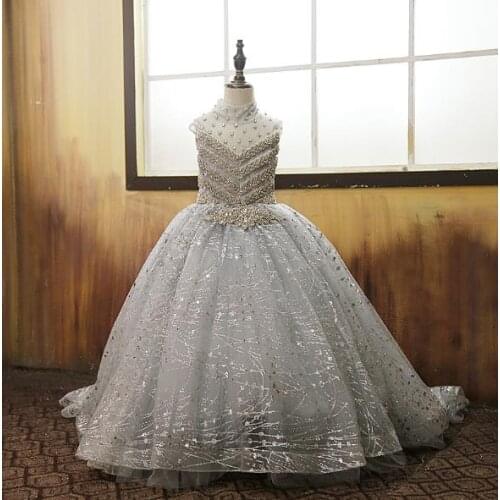 Luxury Customized Flower Girl Dress Silver Crystals Beading Ball Gown Girls Pageant Gown Birthday Dress Kids Costumes