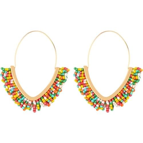 Most Popular Jewelry Accessories Bohemia 7 Colors Handmade Beads Golden Alloy V Shape Boho Beaded Earrings for Women 2021 Trend