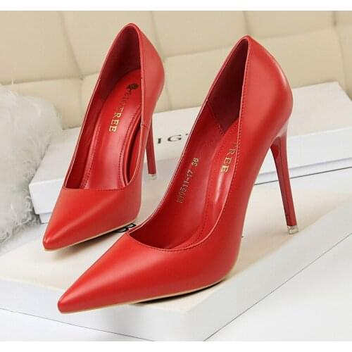 Pumps Women Shoes Red PU Slip-On Shallow Wedding Party Pointed Toe High Heels 10.5CM Pump Chaussures Femme feminino Zapatos Muje