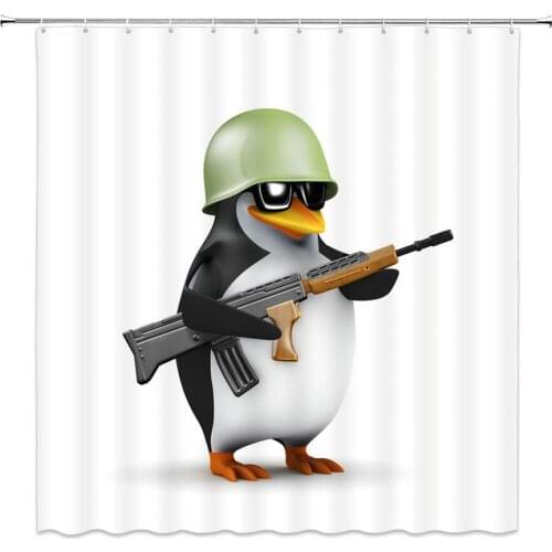 Holding Gun Cartoon Penguin Shower Curtains Animal Fashion Bathroom Decor Waterproof Polyester Home Bath Shower Curtain Set