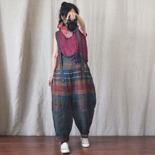 QPFJQD Linen Patchwork Jumpsuits Ladies Vintage Loose Flax Rompers Women Casual Spliced Overalls 2021 Summer Autumn