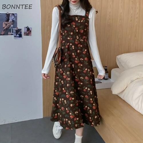 Dresses Women Loose Spaghetti Strap High Waist Square Collar Print Elegant Vintage French Ladies Vestidos Autumn All-match Ins