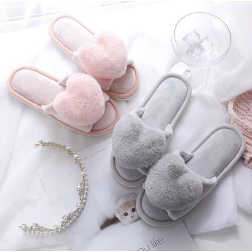 Love Heart-Shaped Winter Warm Plush Slippers Women Home Lovely Furry Comfortable Shoes Indoor Casual Non-slip Cotton Flip Flops