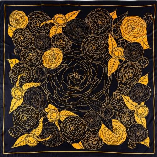 POBING Silk Scarf Women Flowers Print Stoles Square Scarves Wraps Large Bandana NecKerchief Hijabs Female Silk Foulards 130CM