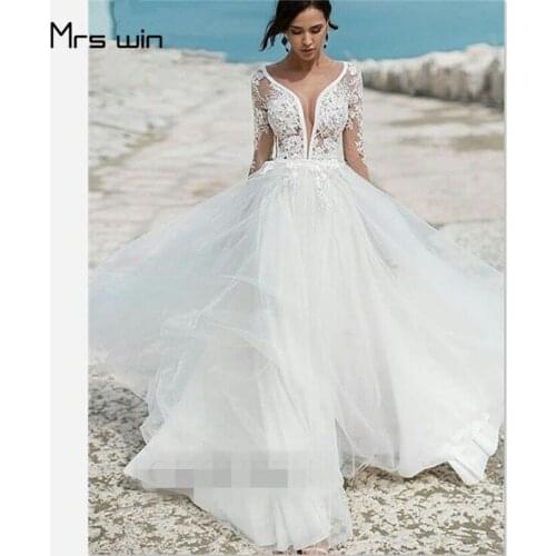 Mrs win Wedding Dress Gorgeous Deep V Neck Vestido De Novia Plus Size Long Sleeve Lace Beach Floor Length Wedding Dresses HR008