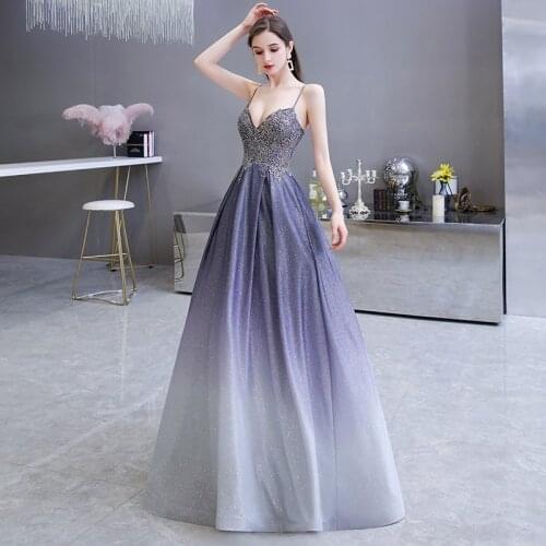 Gradient Color Women Party Dress Robe De Soiree Starry Satin Evening Applique Beaded Floorlength Dinner Gowns Formal
