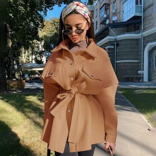 Beachapche Autumn Winter Womens Vintage Woolen Coat Chic Sashes Long Sleeve Elegant Shirt Jacket Female Tops Casual Overcoat