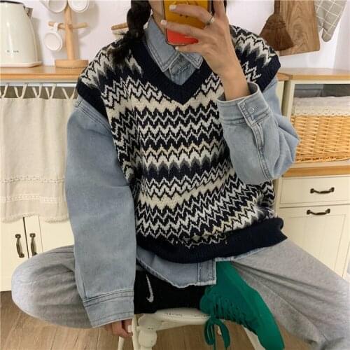Winter Vintage Striped Gothic sweater women Harajuku casual fashion loose punk Ulzzang long-sleeved new plus size Vest sweater