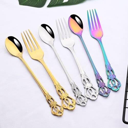 4Pcs Dinnerware Mini Colorful Vintage Coffee Spoon Flatware Royal Style Silverware Tea Fork Carved Ice Cream Gold Tableware Set