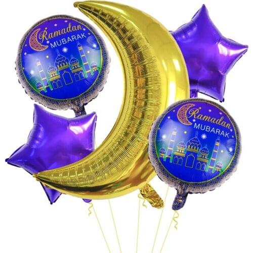 5Pcs/set Eid Mubarak Balloons for Ramadan Party Decoration Purple Star Gold Moon Foil Helium Balloon for Muslim Party Decor