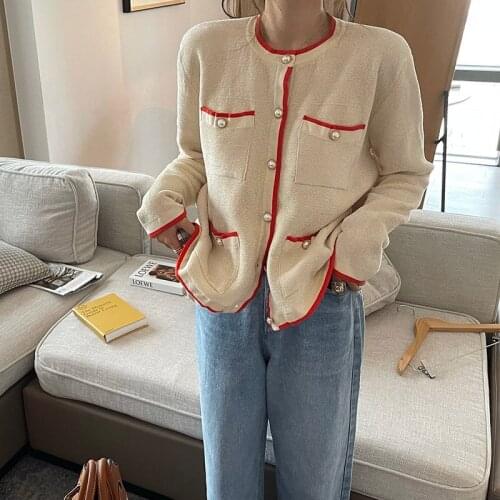 Elegant Knitted Cardigan 2020 Round Neck Pearls Single Breasted Sweater Coat Four Pockets Contrast Color Edged Cardigan Sweater