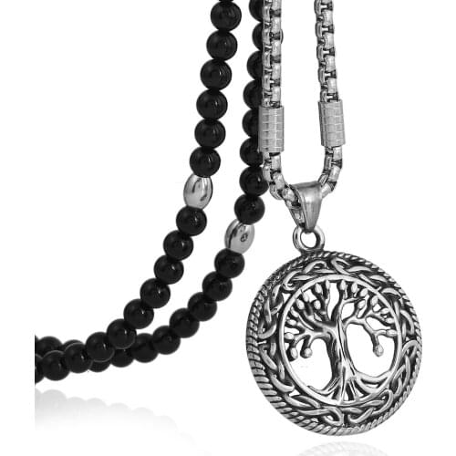 Hiphop/Rock Style Stainless Steel Tree of Life Pendant Necklace with Natural Stone Chain Necklace 27" Link