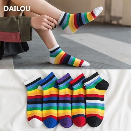 Summer kawaii rainbow boat socks women cute colorful stripes cotton socks fashion breathable Thin funny non-slip girls socks