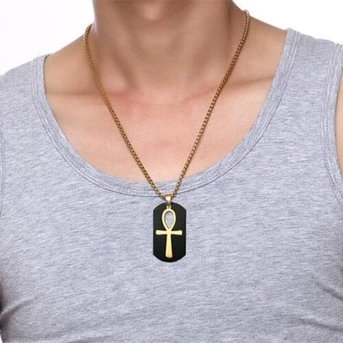 Men Black Dog Tag Cut out Ankh Egyptian Cross Pendant Necklace for Men Stainless Steel Allah Religious Male Jewelry 24" Chain