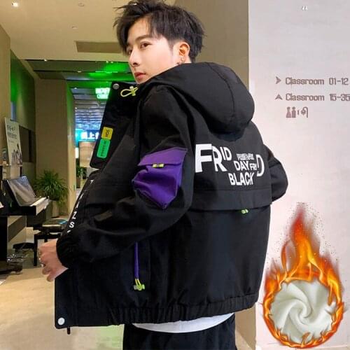 Jacket mens hooded print jacket autumn and winter new plush jacket Korean version trend young mens wear
