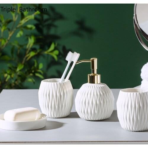 Nordic Bathroom Accessories Set Ceramic Pure Color Soap Dish Mouth Cup Liquid Soap Bottle Container Travel Wash Four Piece Set