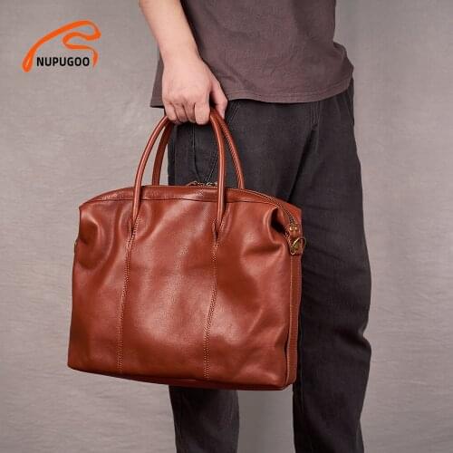 NUPUGO Genuine Leather Vintage Men Handbag Man Briefcase Brown Business Shoulder Crossbody Bag Cowhide Office 14 Inch Laptop Bag