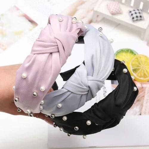 Fashion Wide Side Hairband Lovely Turban Head Band Pearl Hair Accessories Fresh Women Hair Hoop Solid Color Hair Bands 4 Colors