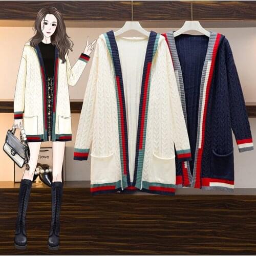 2021 Autumn Panelled Striped Knitting Cardigan Women Medium Long Loose Pockets Long Sleeve Sweater Female Casual Coat Hooded