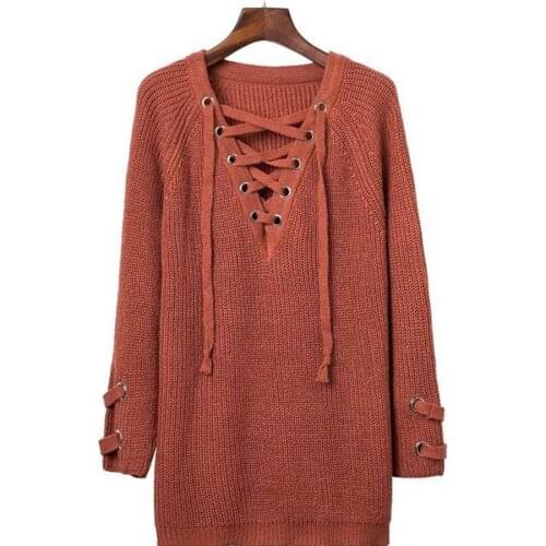 2018 Autumn Winter New Lace Up Knitted Casual Pullover Sweater V Neck Fashion Sexy Loose Split Knitwear Outwear