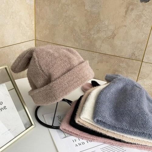 Autumn Winter Knitted Wool Hat Women Draping Rabbit Ears Rabbit Fur Hat Women Winter Warm Korean Version of Japanese Hat Present