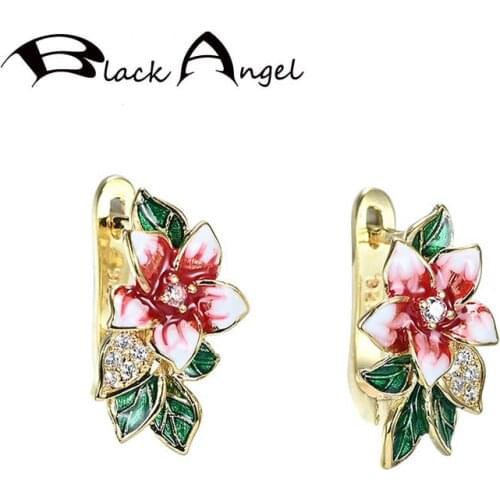 BLACK ANGEL 18K Colorful Enamel Flowers Stud Earring 925 Silver CZ Women Earrings Fashion Jewelry Wholesale Party Gift