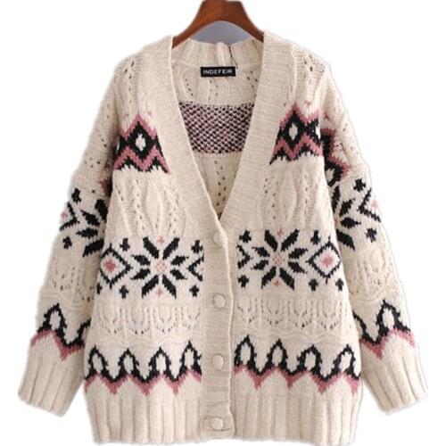 Womens Sweaters Za Fashion 2021 Vintage Geometric Print V Neck Oversized Long Cardigans Casual Spring Jackets Chic Mujer Tops