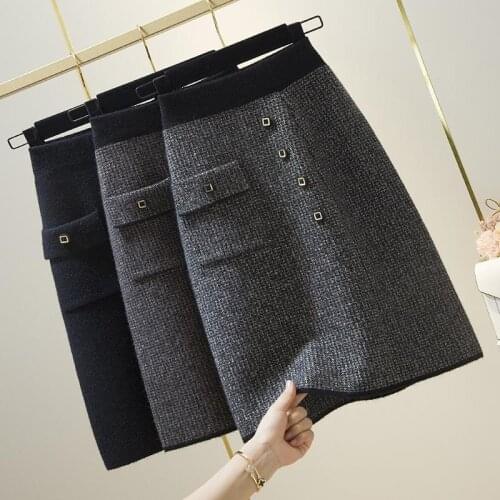 2021 Autumn Winter Women Casual Loose Pencil Skirts Female Slim High Waist Package Hip Skirt Lady Thick Button Knit Faldas K244