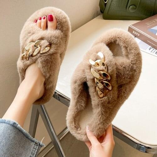 Women Fluffy Slippers Shoes Woman Cross Belt Fur Slippers Outside Slides Ladies Sweet Cute Indoor Metal Chain Ladies Furry Shoes
