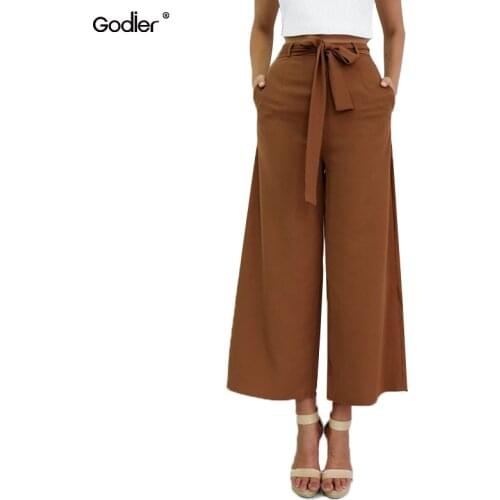 Godier Black Brown Chiffon Capris Women Mid Waist Straight Pants Bow Belt Elastic Waist With pockets Casual Trousers Jc0062