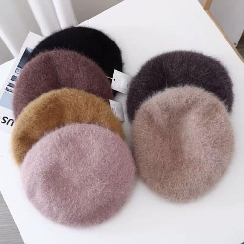 New Rabbit Fur Beret Ladies Pure Color Warm Wool Mixed Painter Hat Fashion Autumn Winter Warm Casual Hat Gorras Bonnet Enfant