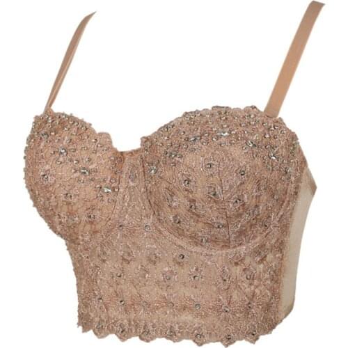 IRENE TINNIE Bead Bustier Pearls Diamond Push Up Night Club Bralette Womens Bra Cropped Top Vest Camis Plus Size