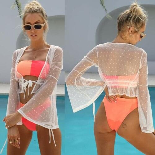 Hirigin Sexy 2019 Bikini Cover Up Lace Dot Pritned Beach T Shirt Cute Bandage Long Sleeve Women Beach Wear