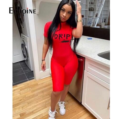 Echoine Womens Letter Print Bodycon Jumpsuit Sexy High Necked Short Sleeve Fitness Playsuit Streetwear Female Slim Fit Rompers