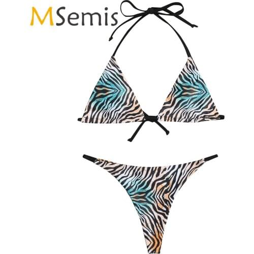 Womens Zebra-stripe Sexy Bikini Set Two-piece Swimsuit Swimwear Beach Bathing Suit Halter lace-up Bra with Thongs T-back Briefs