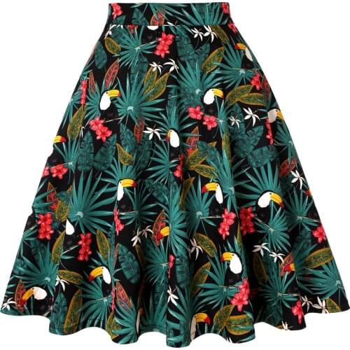 Toucan Palm Flower Women Flare Vintage Retro Skirt Floral School jupe femme Skirts Womens Plus Size Women Black Skirt VD0020