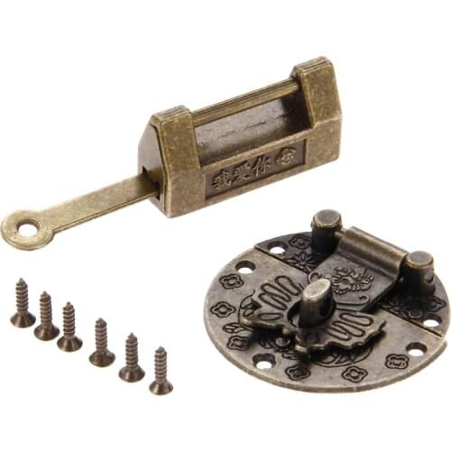 1 Set Antique Bronze Chinese Old Lock Wooden Box Padlock with Vintage Box Latch Hasp Buckle Clasp and Screws Furniture Hardware