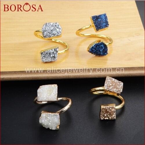 BOROSA Multicolor Natural Crystal Gems Ring,Gold Color Irregular Shape Rainbow Crystal Druzy Titanium Adjustable Ring G1182