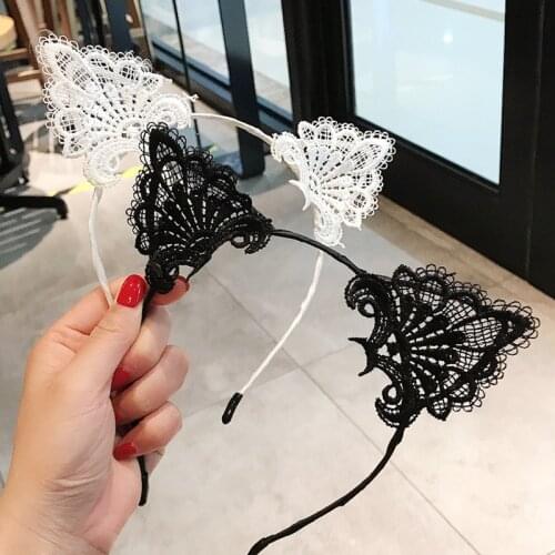 Black White Lace Cat Ears Headband Female Cute Sweet Sexy Hair Clips Thin Side Face Wash Headscarf Korea Women Hairpin Headwear