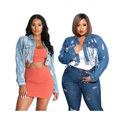 Cutubly Plus Size S-5XL Jacket For Women Hole Tassel Denim Coat Women Sexy Distressed Jacket Turn-Down Collar Club Party Coat