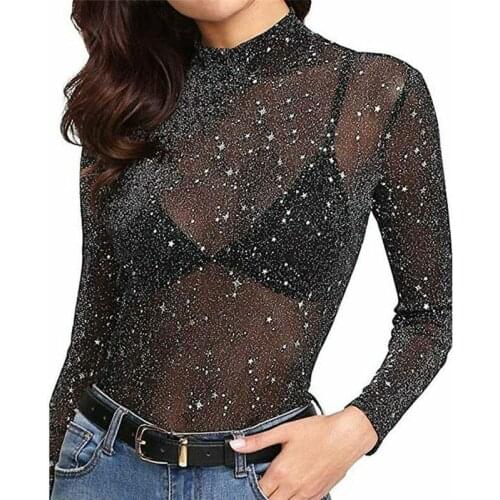 Women Turtleneck Sparky See Through Shirt Blouse Outwear Slim Shiny Mesh Party
