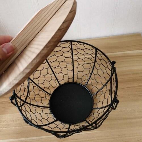 Home Kitchen Chicken Egg Basket With Natural Wood Lid Cover Mesh Iron Wire Storage Case Fruit Bowl Container With Handle