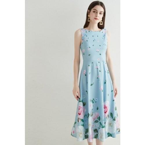 JSXDHK 2021 Elegant Runway Women Sleeveless Long Dress Vintage Summer Flower Printed Blue O Neck Ladies Tank Ball Gown Dresses