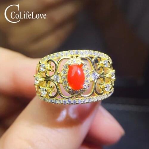 CoLife Jewelry 925 silver red coral ring 4*6mm natural red coral silver ring vintage silver coral jewelry precious coral ring