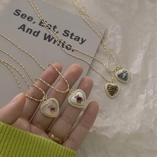 Kpop Cute Heart Bear Pendant Necklace for Girl Women Vintage Retro Leopard Neck Chain Korean Fashion Collier Collares Jewelry