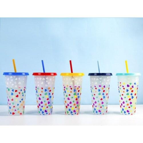 Creative Love changing color straw cup With Lid Coffee Cup Reusable Cups layer color changing Plastic Tumbler